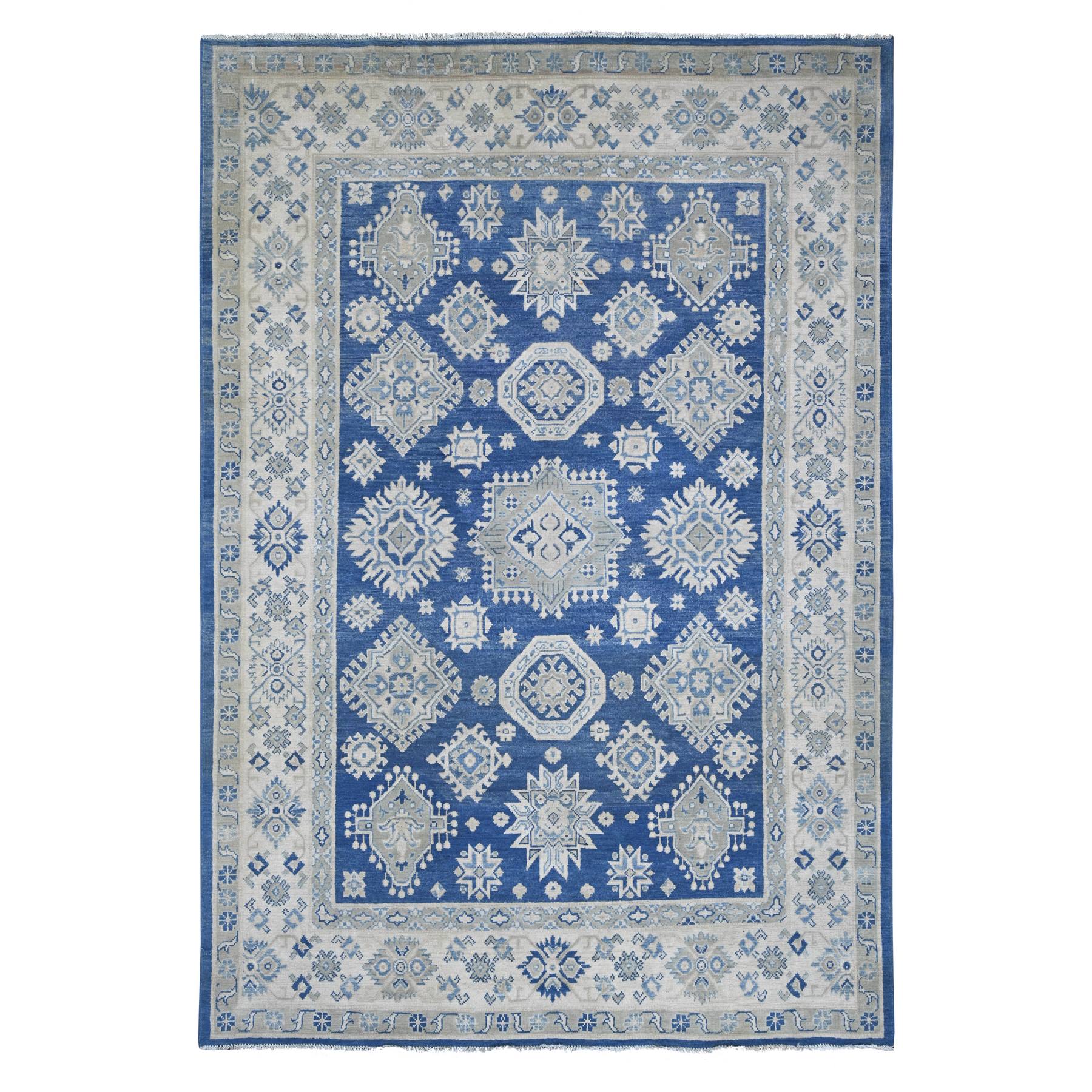 5'10"x8'5" Steel Blue, Vintage Look Kazak with Geometric Floral Elements, 100% Wool, Hand Knotted, Natural Dyes, Oriental Rug 